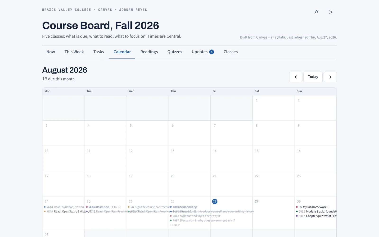 Coursemap Calendar tab: a month grid with each assignment on its due day, color-coded by course, exams marked in red