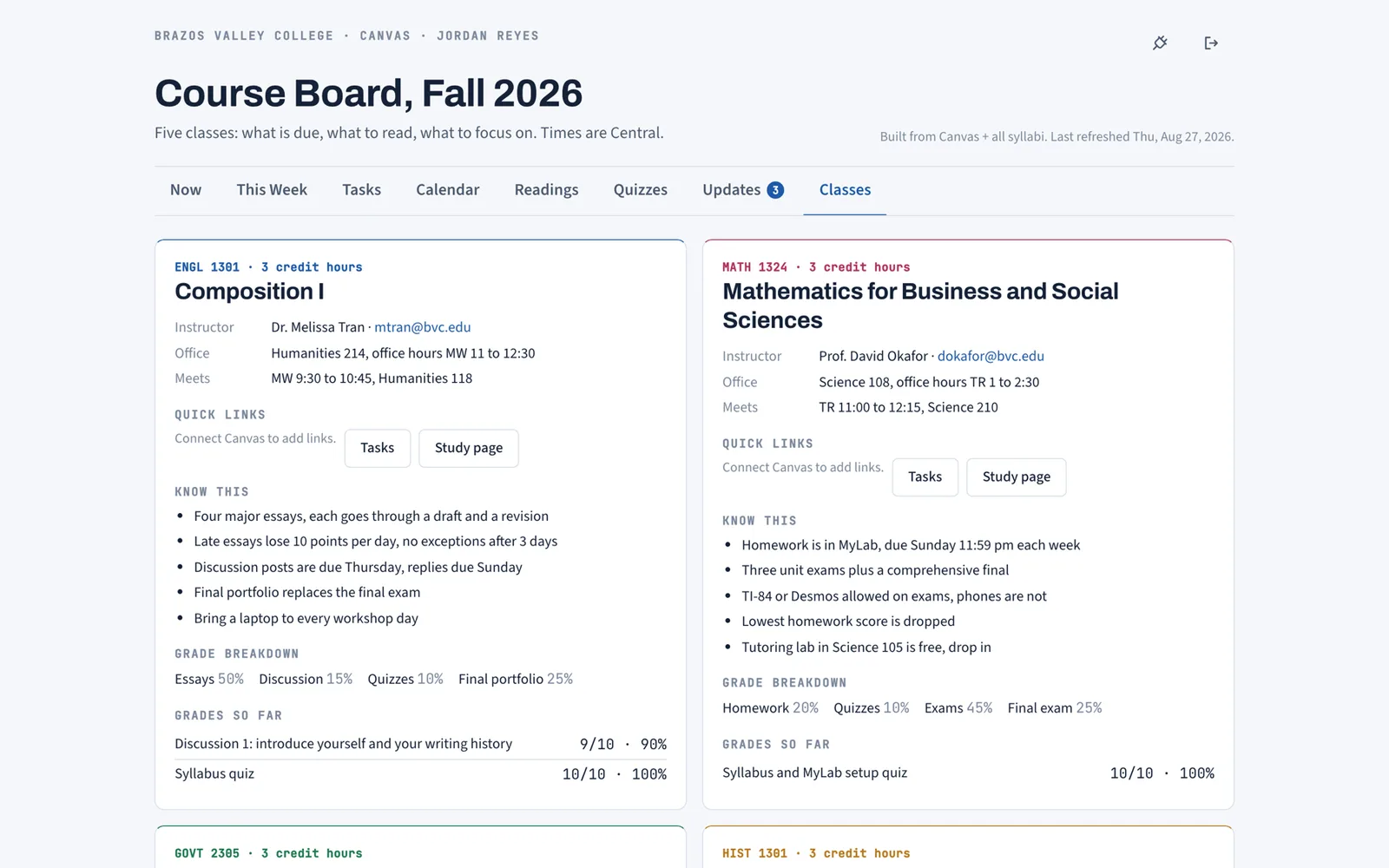 Coursemap Classes tab with one card per course showing instructor, meeting times, syllabus rules, and grade weights