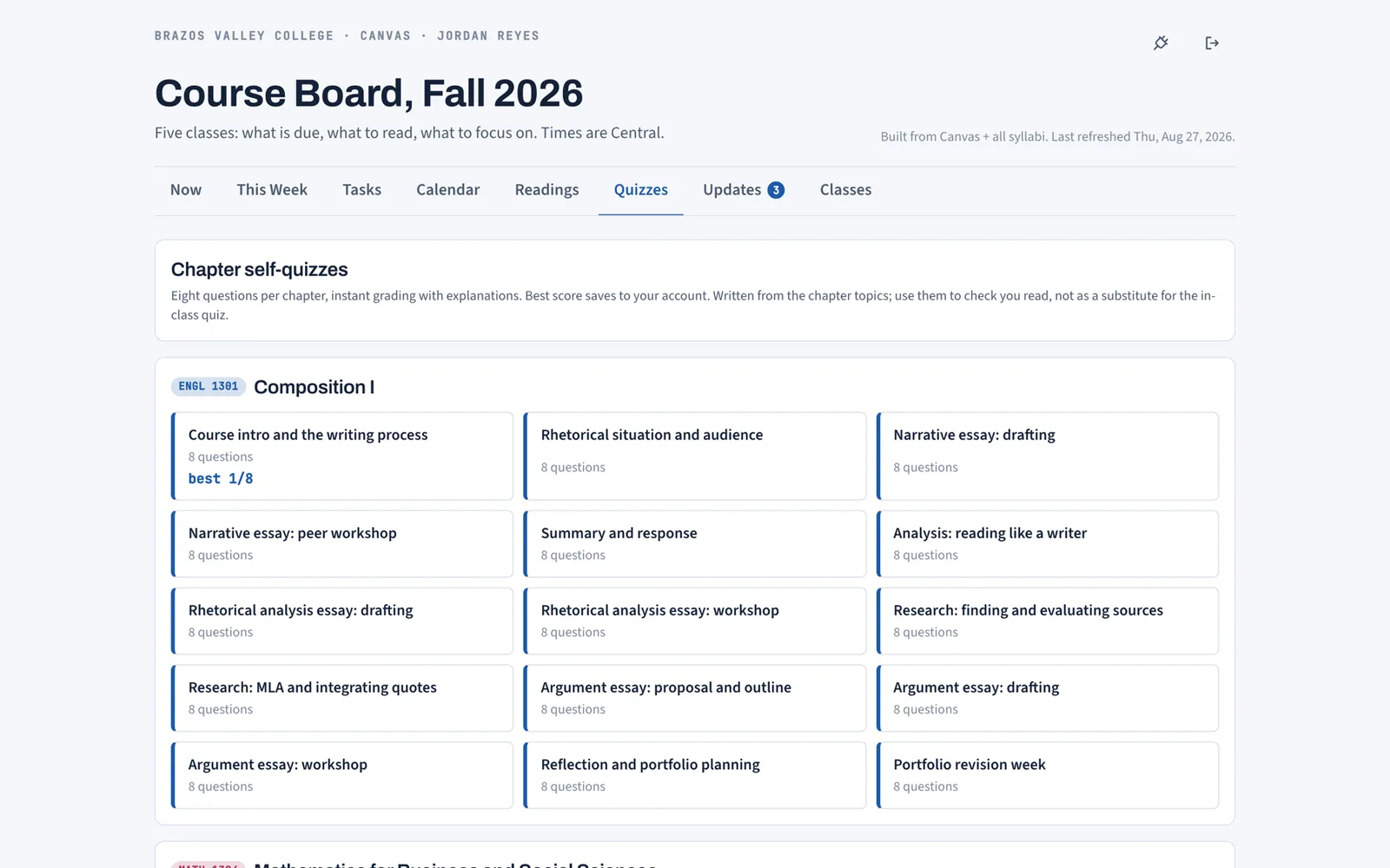 Coursemap Quizzes tab: one card per assigned reading, grouped by course, each showing an 8 question self-check and the student's best score