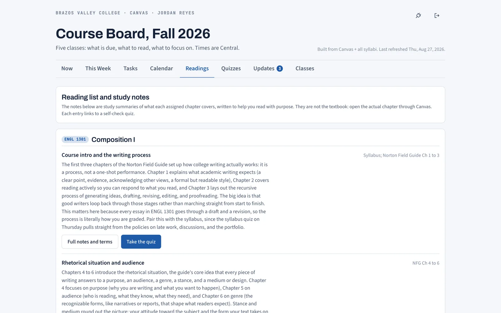Coursemap Readings tab listing assigned chapters per course with a summary and links to notes and quiz