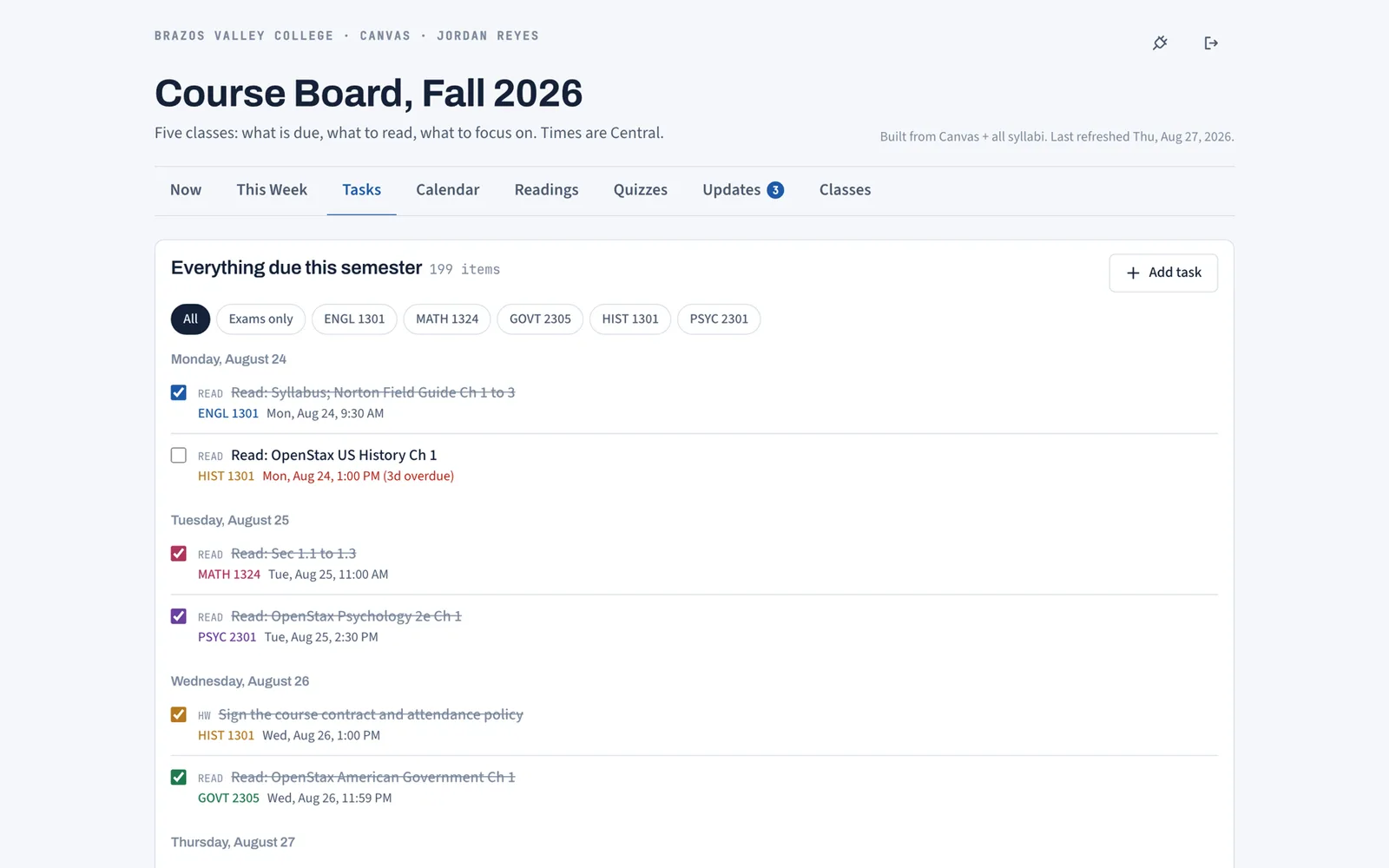 Coursemap Tasks tab showing every assignment for a five-course semester in one list grouped by day, with course filters and an exams-only toggle