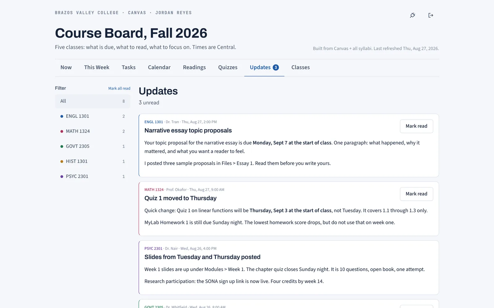 Coursemap Updates tab showing instructor announcements from every course in one feed with an unread count and a course filter