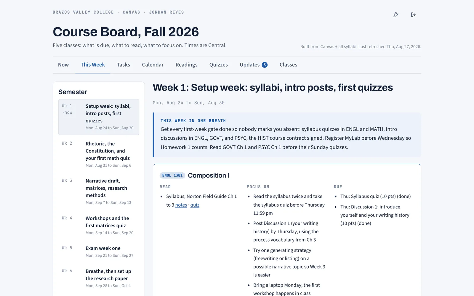 Coursemap This Week tab with the sixteen-week semester list on the left, Week 1 in the middle with a one-breath focus, and a course card showing Read, Focus on, and Due columns